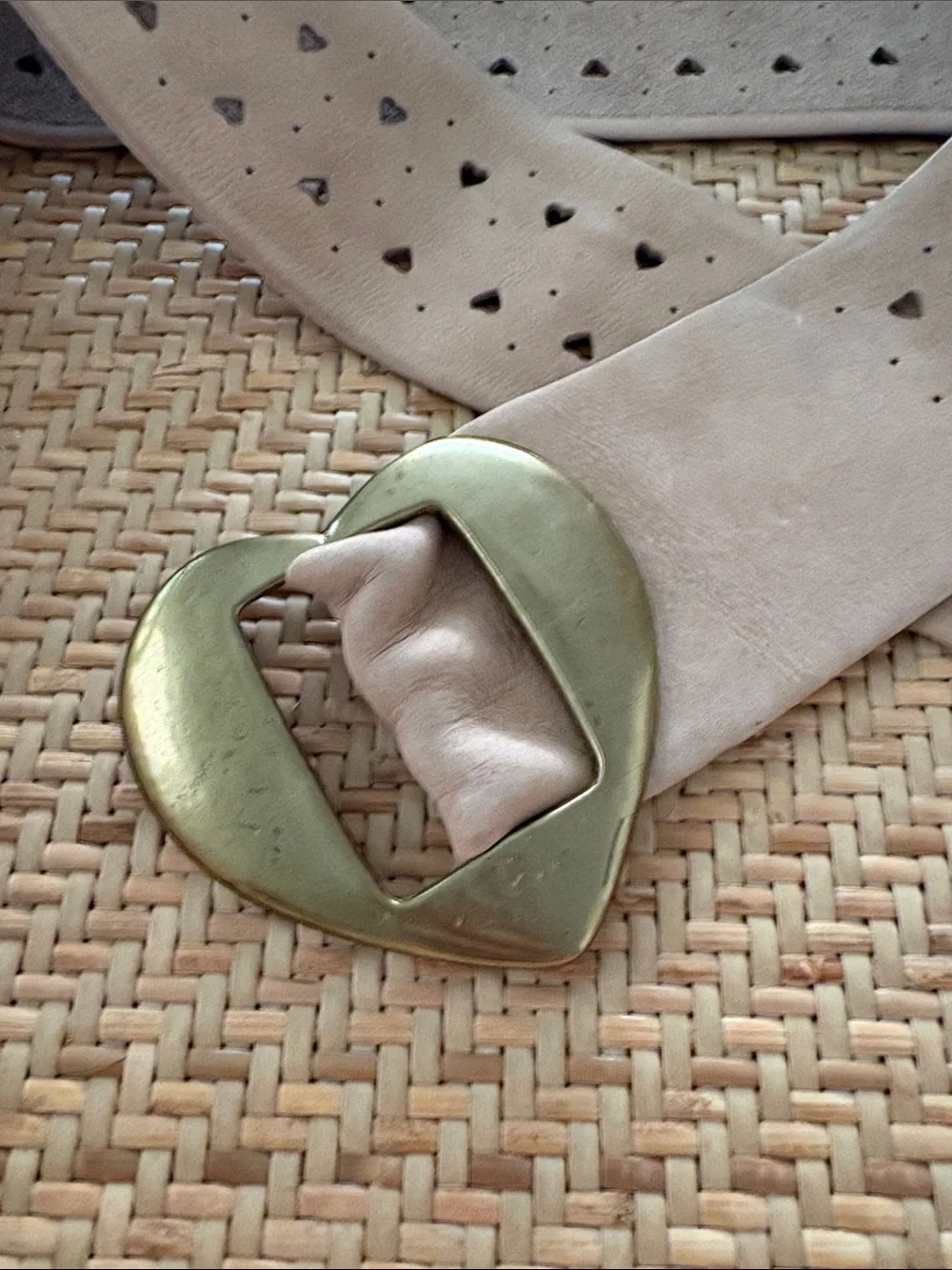 Taupe Heart-Perforated Suede Belt with Brass Buckle